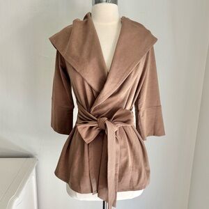 Xtaren Wide Collar Hooded Wrap Cardigan in Mocha, Small
